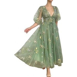 Smileven Green Puffy Cottagecore Fairy Flower Dress